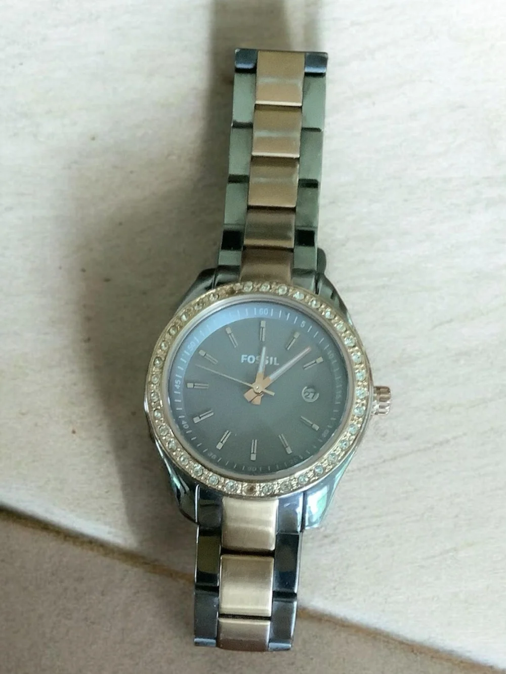 Fossil sTwo-Tone smoke and rose gold stainless steel Crystal Bezel Bracelet Watc